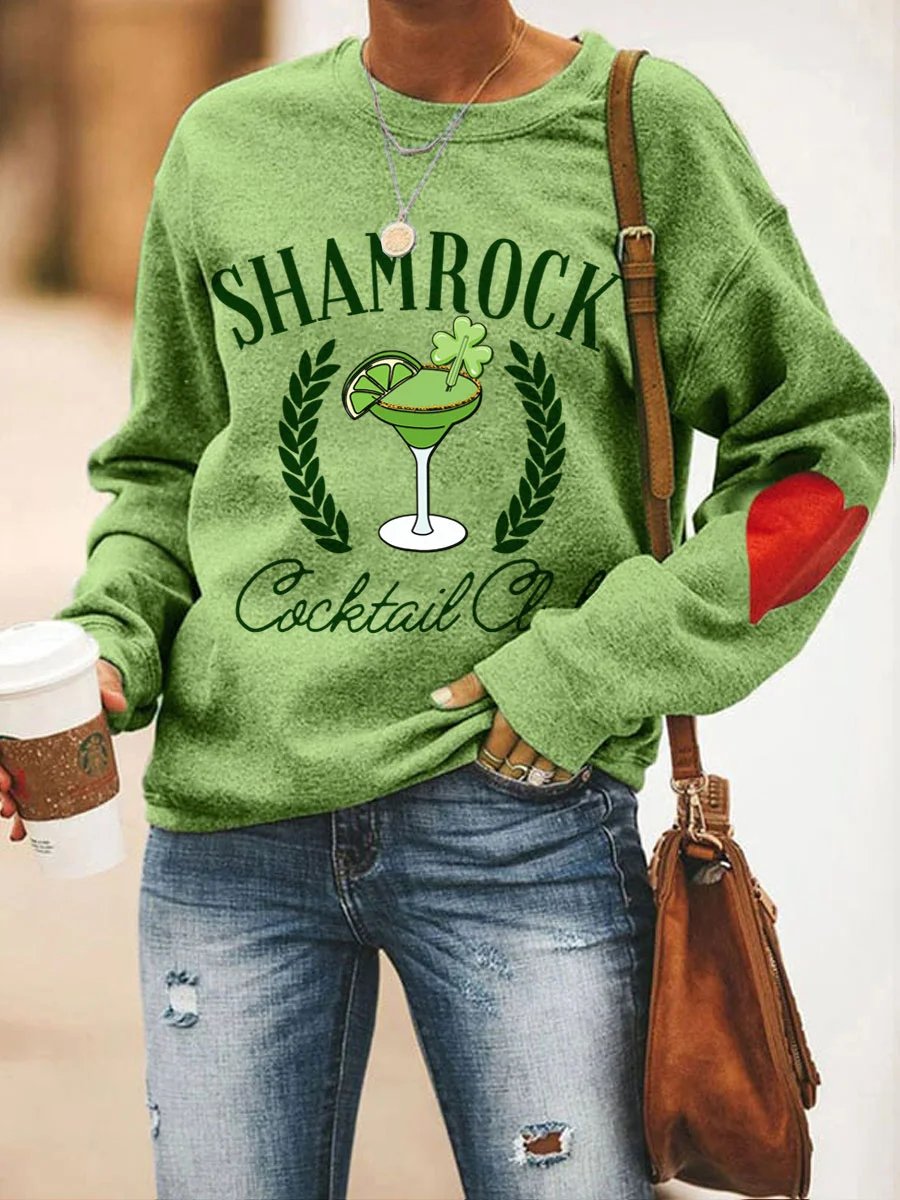 Women's Lucky Shamrock Green Cocktail Club St Patrick's Day Print Casual Sweatshirt
