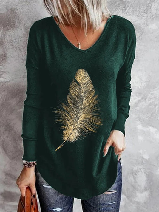 Women's Casual V-neck Feather Print Long Sleeve T-Shirt