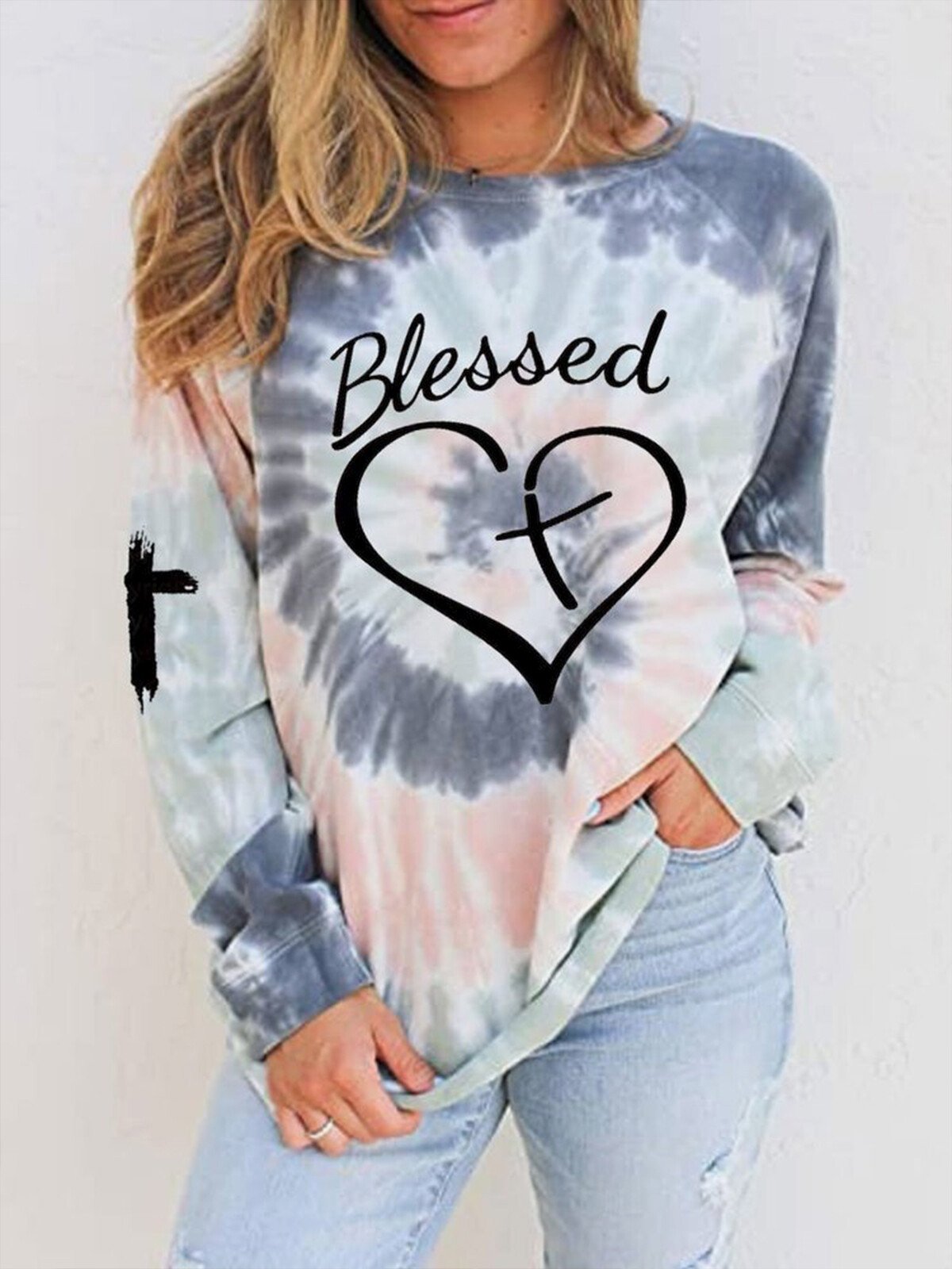 Women's Blessed Love Heart Tie-Dye Print Casual Sweatshirt