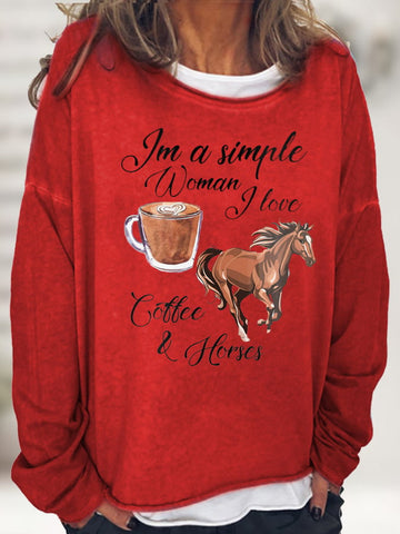 Women's Casual " I Love Coffee&Horses" Printed Top