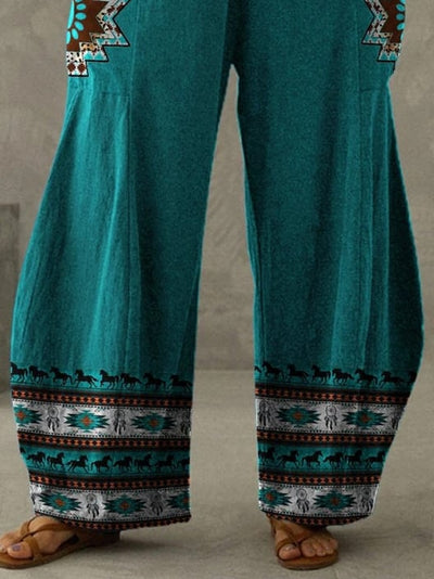 Vintage Ethnic Print Wide-Leg Pants