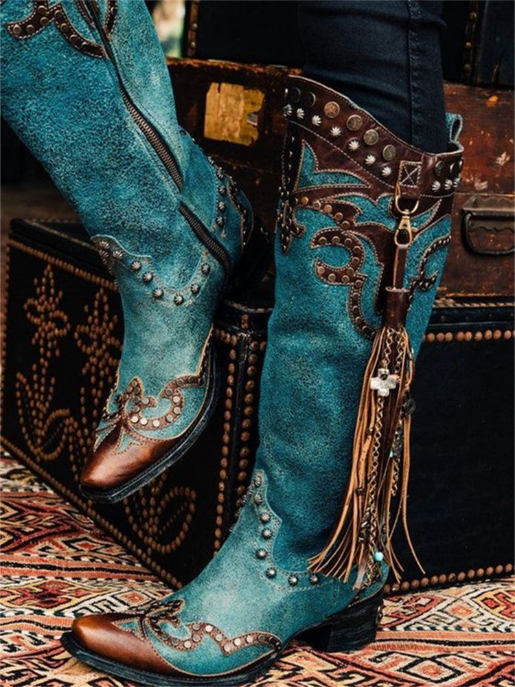 Vintage Studded Patchwork Tassels Pendant Boots