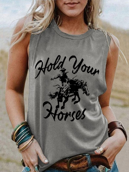 Women's Retro Hold Your Horses Western CowBoys Print Tank Top