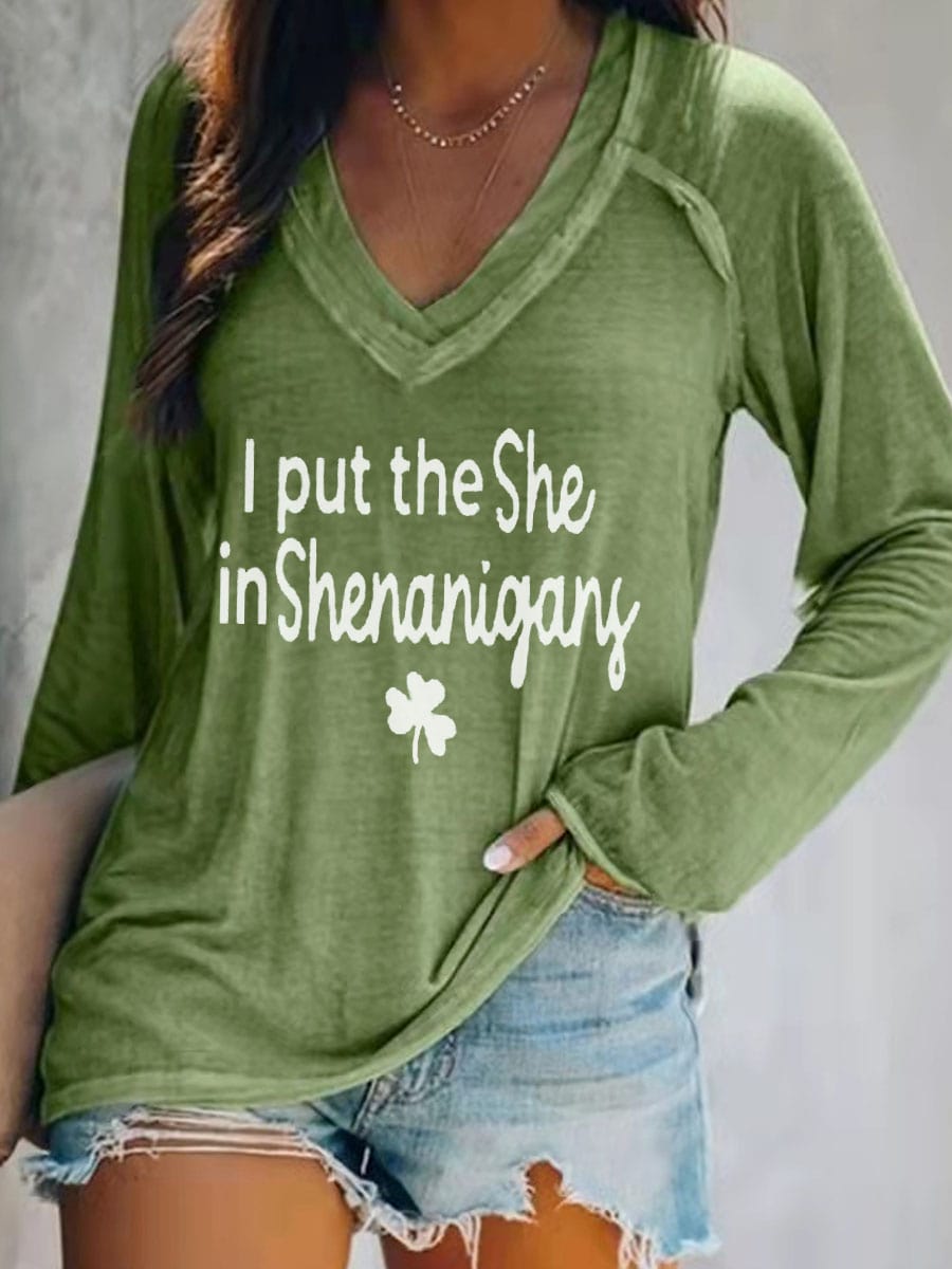Women's St. Patrick's I Put She In Shenanigans Print V-Neck Top