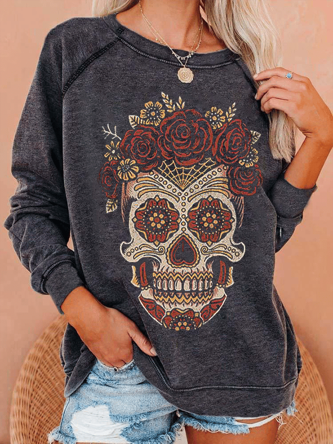 Women's Art Undead Skull Print Casual Crewneck Sweatshirt