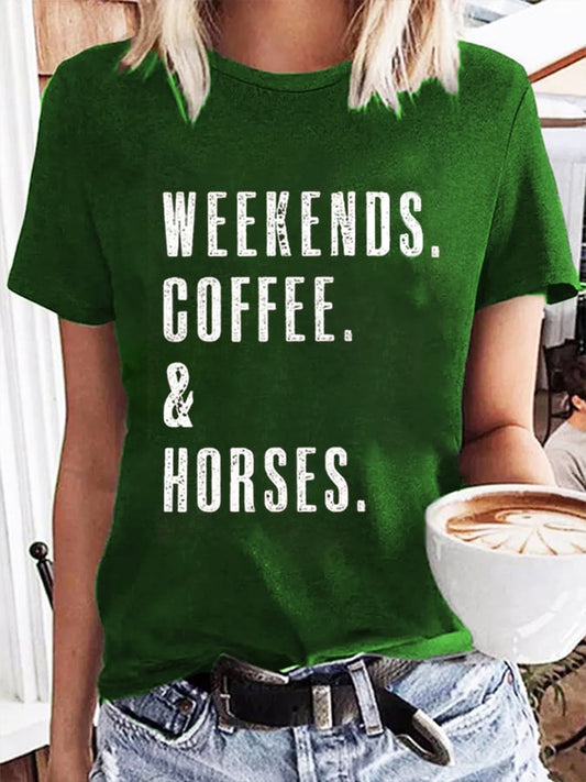 Women's Retro WEEKENDS. COFFEE. & Horses Horse Lover Printed T-Shirt