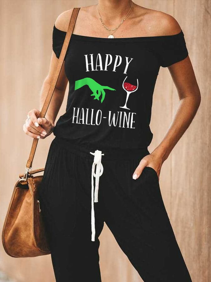 Women's Happy Hallo-Wine Witch Print Off-Shoulder Elastic Waist Jumpsuit