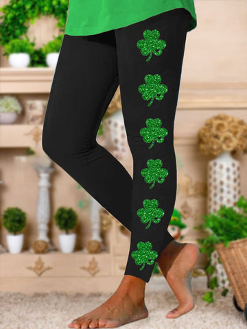 Women's St. Patrick's Day Glitter Lucky Shamrock Print Stretch Leggings