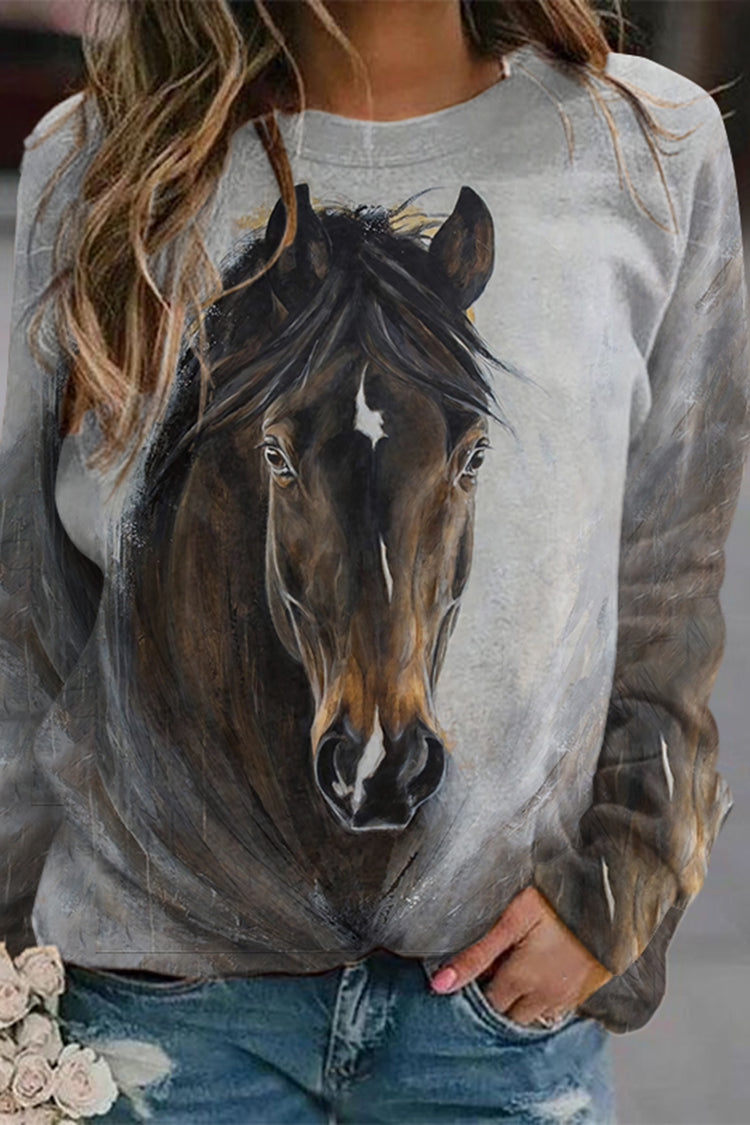 Western Horse Print Crew Neck Long Sleeve Casual Sweatshirt