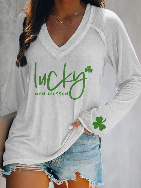 Women's St. Patrick's Day LUCKY and Blessed Print V-Neck T-Shirt