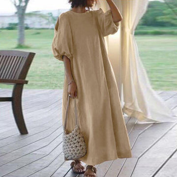 Mid-sleeve off-shoulder cotton and linen dress