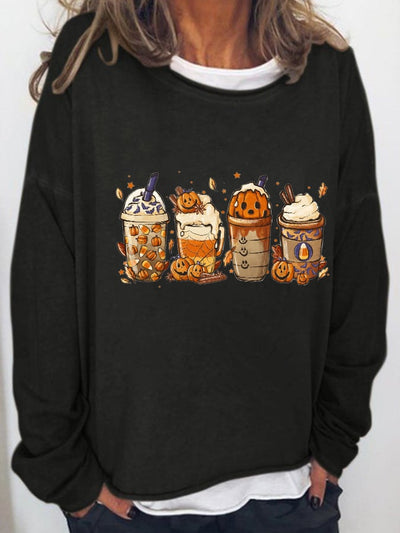 Women's Halloween Pumpkin Print Crew Neck Sweatshirt