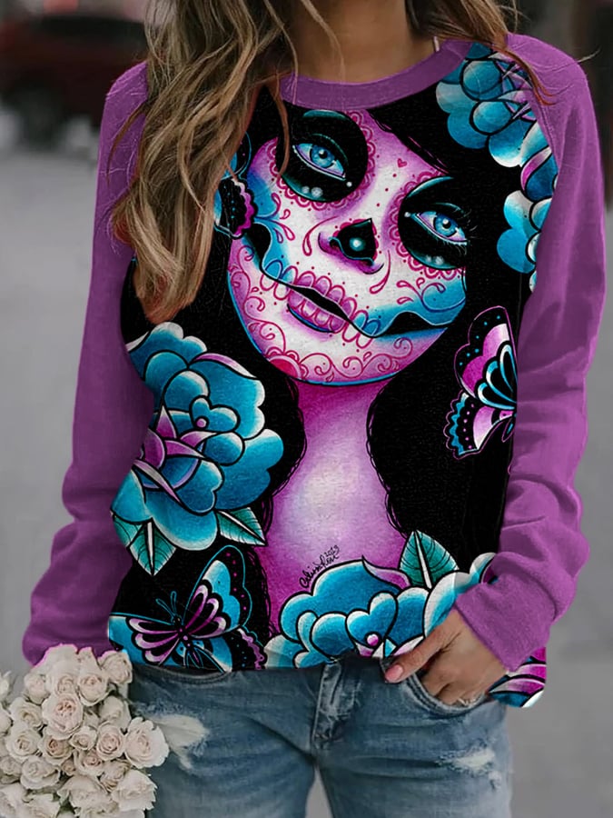 Women's Art Sugar Skull Print Casual Sweatshirt