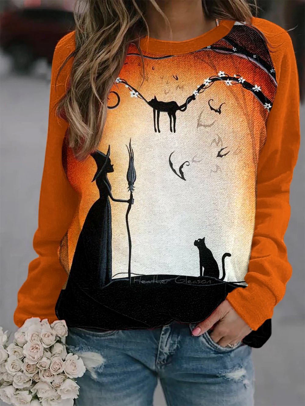 Women's Witch & Cat Flower Sports Sweater