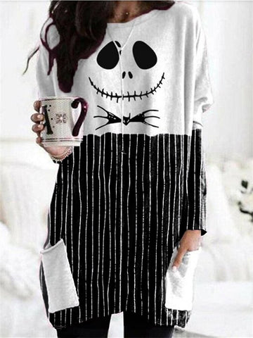 Women's Halloween Funny Skull Expression Bow Tie Striped Print Patchwork Sweatshirt