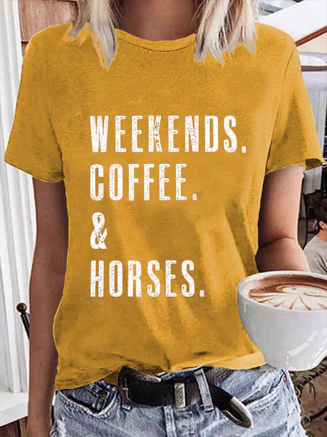 Women's Retro WEEKENDS. COFFEE. & Horses Horse Lover Printed T-Shirt