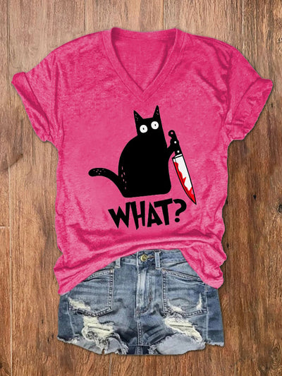 Women's Halloween Black Cat Print V-Neck T-Shirt